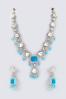 White Finish Blue Drops & Kundan Polki Long Necklace Set