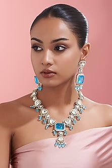 White Finish Blue Drops & Kundan Polki Long Necklace Set
