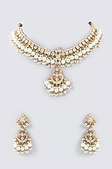 Gold Finish Kundan Polki & Pearl Drop Necklace Set