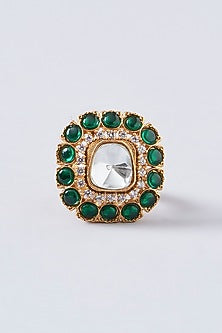 Gold Finish Green Kundan Polki Ring
