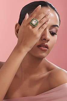 Gold Finish Green Kundan Polki Ring