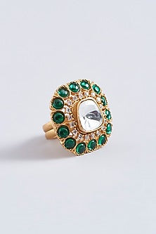 Gold Finish Green Kundan Polki Ring