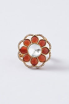 Gold Finish Orange Kundan Polki Ring