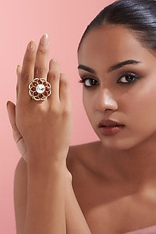 Gold Finish Orange Kundan Polki Ring