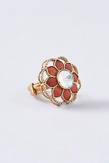 Gold Finish Orange Kundan Polki Ring