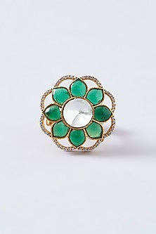 Gold Finish Green Kundan Polki Ring