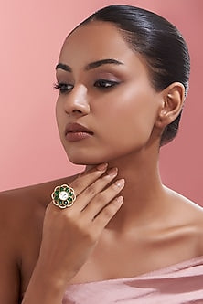 Gold Finish Green Kundan Polki Ring