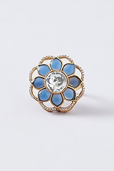 Gold Finish Blue Kundan Polki Ring