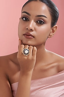 Gold Finish Blue Kundan Polki Ring