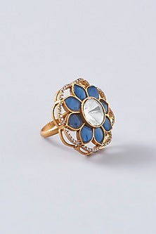 Gold Finish Blue Kundan Polki Ring