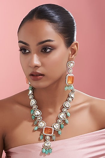 White Finish Kundan Polki & Blue Drop Necklace Set