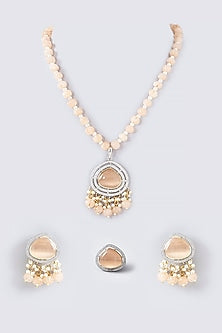 White Finish Kundan Polki & Beaded Long Necklace Set