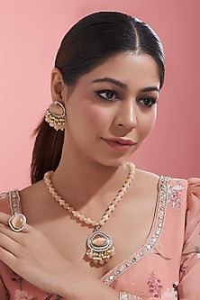 White Finish Kundan Polki & Beaded Long Necklace Set