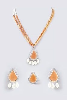 White Finish Kundan Polki & Beaded Long Necklace Set