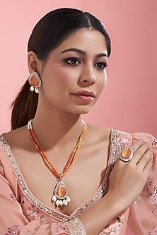 White Finish Kundan Polki & Beaded Long Necklace Set