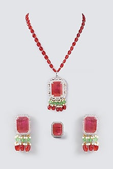 White Finish Kundan Polki & Red Beaded Long Necklace Set