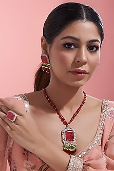 White Finish Kundan Polki & Red Beaded Long Necklace Set