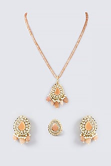 White Finish Kundan Polki & Beaded Long Necklace Set