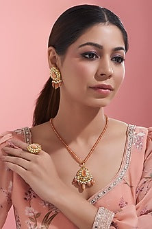 White Finish Kundan Polki & Beaded Long Necklace Set