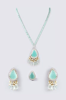 White Finish Kundan Polki & Beaded Long Necklace Set