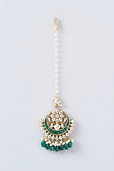 Gold Finish Green Kundan Polki Maangtikka