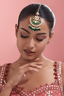 Gold Finish Green Kundan Polki Maangtikka