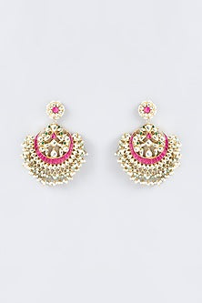 Gold Finish Red Kundan Polki Chandbaali Earrings