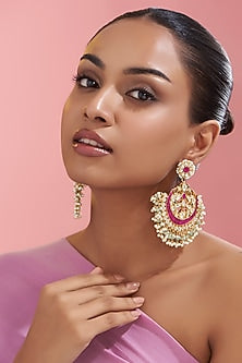 Gold Finish Red Kundan Polki Chandbaali Earrings