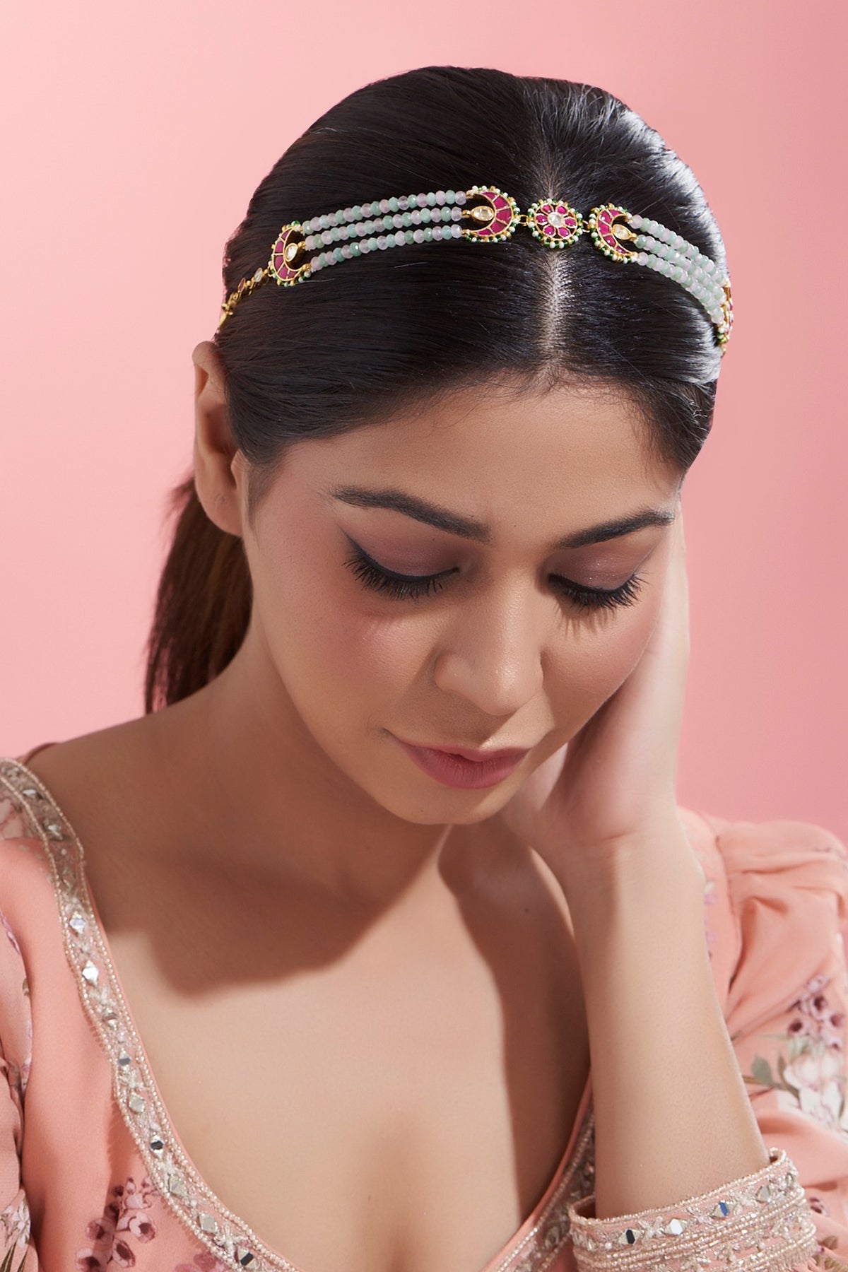 Gold Finish Kundan Polki & Beaded Sheeshphool