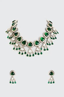 White Finish Green Kundan Polki Necklace Set