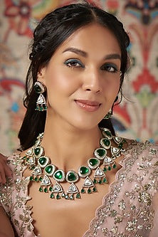 White Finish Green Kundan Polki Necklace Set