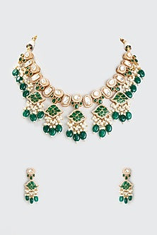 White Finish Green Kundan Polki Necklace Set