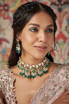 White Finish Green Kundan Polki Necklace Set
