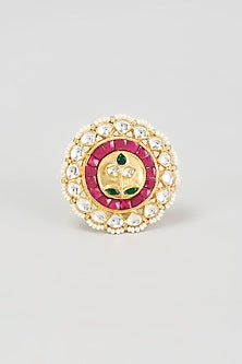 Gold Finish Red Kundan Polki Ring