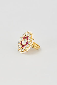 Gold Finish Red Kundan Polki Ring