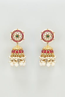 Gold Finish Kundan Polki Red Jhumka Earrings