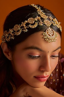 Gold Finish Kundan Polki Green Mathapatti