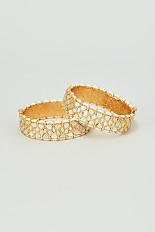 Gold Finish Mother Of Pearls & Kundan Polki Bangles (Set of 2)