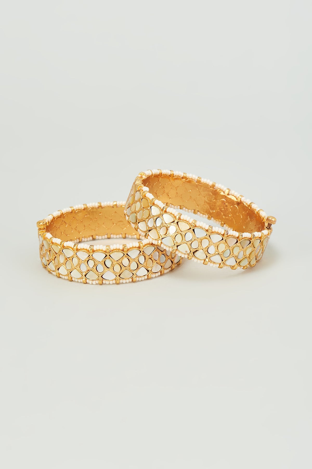Gold Finish Mother Of Pearls & Kundan Polki Bangles (Set of 2)