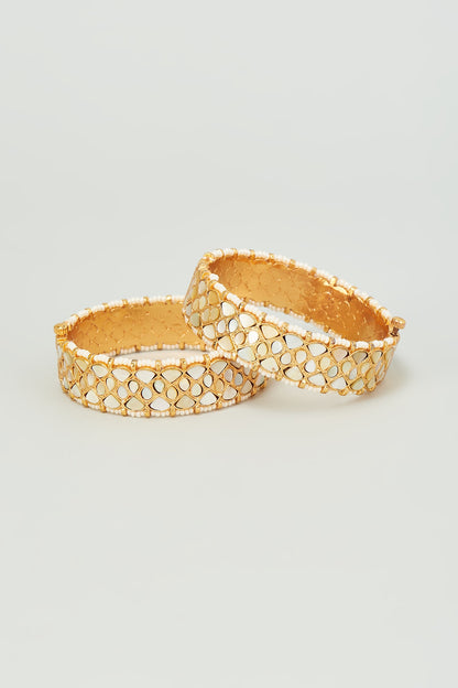 Gold Finish Mother Of Pearls & Kundan Polki Bangles (Set of 2)