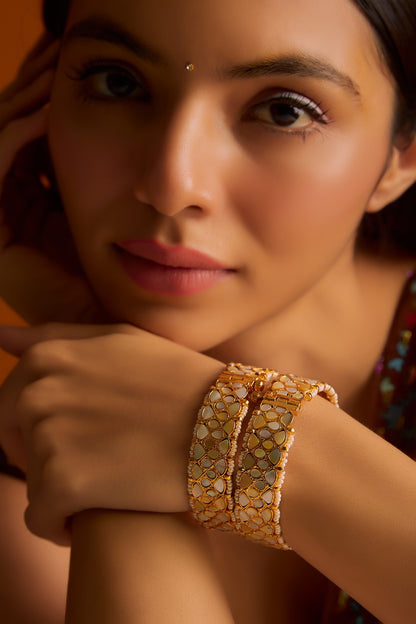 Gold Finish Mother Of Pearls & Kundan Polki Bangles (Set of 2)