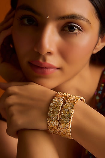 Gold Finish Mother Of Pearls & Kundan Polki Bangles (Set of 2)