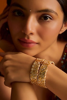 Gold Finish Mother Of Pearls & Kundan Polki Bangles (Set of 2)