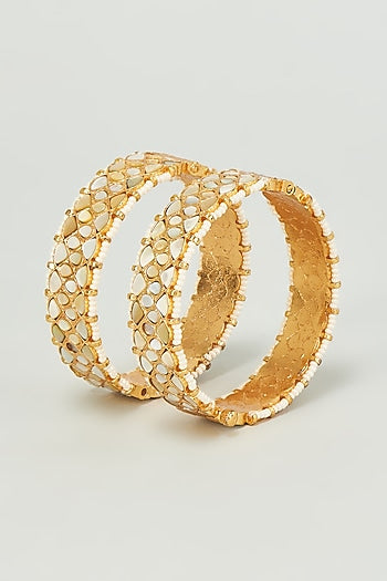 Gold Finish Mother Of Pearls & Kundan Polki Bangles (Set of 2)