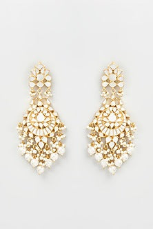 Gold Finish Kundan Polki Dangler Earrings With Maangtikka