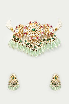 Gold Finish Multi- Colored Kundan Polki Choker Necklace Set