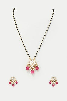 Gold Finish Kundan Polki Lotus Long Necklace Set