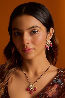 Gold Finish Kundan Polki Lotus Long Necklace Set