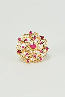 Gold Finish Kundan Polki & Red Stones Ring