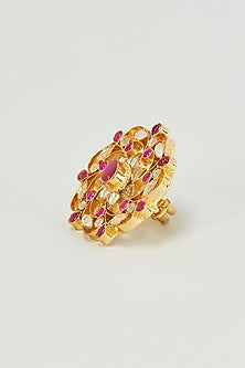 Gold Finish Kundan Polki & Red Stones Ring